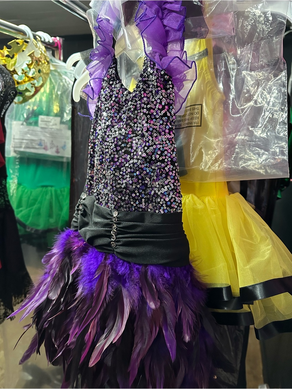 Purple Feather Sequin Halter Kids Costume Dress